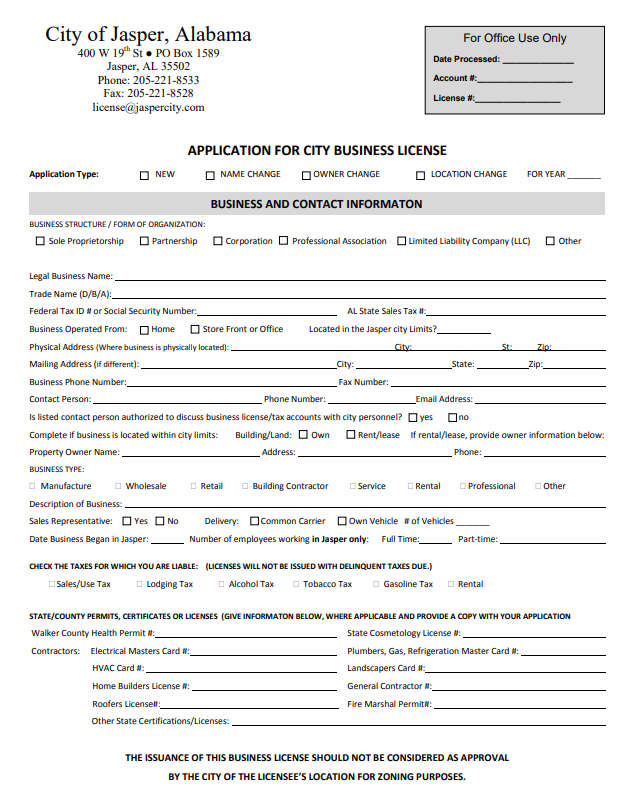 Business License City of Jasper, AL